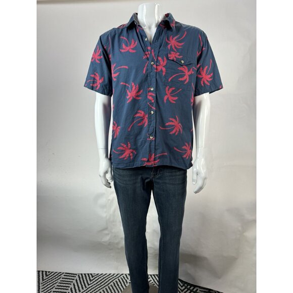 Paradise City Mens Large Hawaiian Shirt Blue & Red Palm Tree Print Short Sleeve - Picture 7 of 16